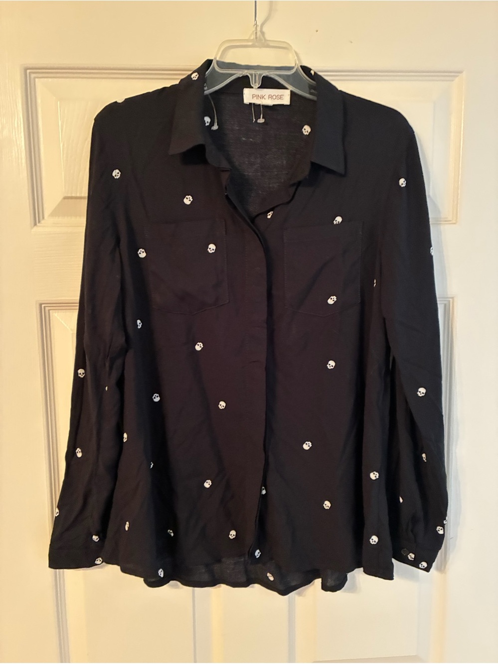 Pink Rose Women's Black Button-Up Shirt with White Skull Print Long Sleeves